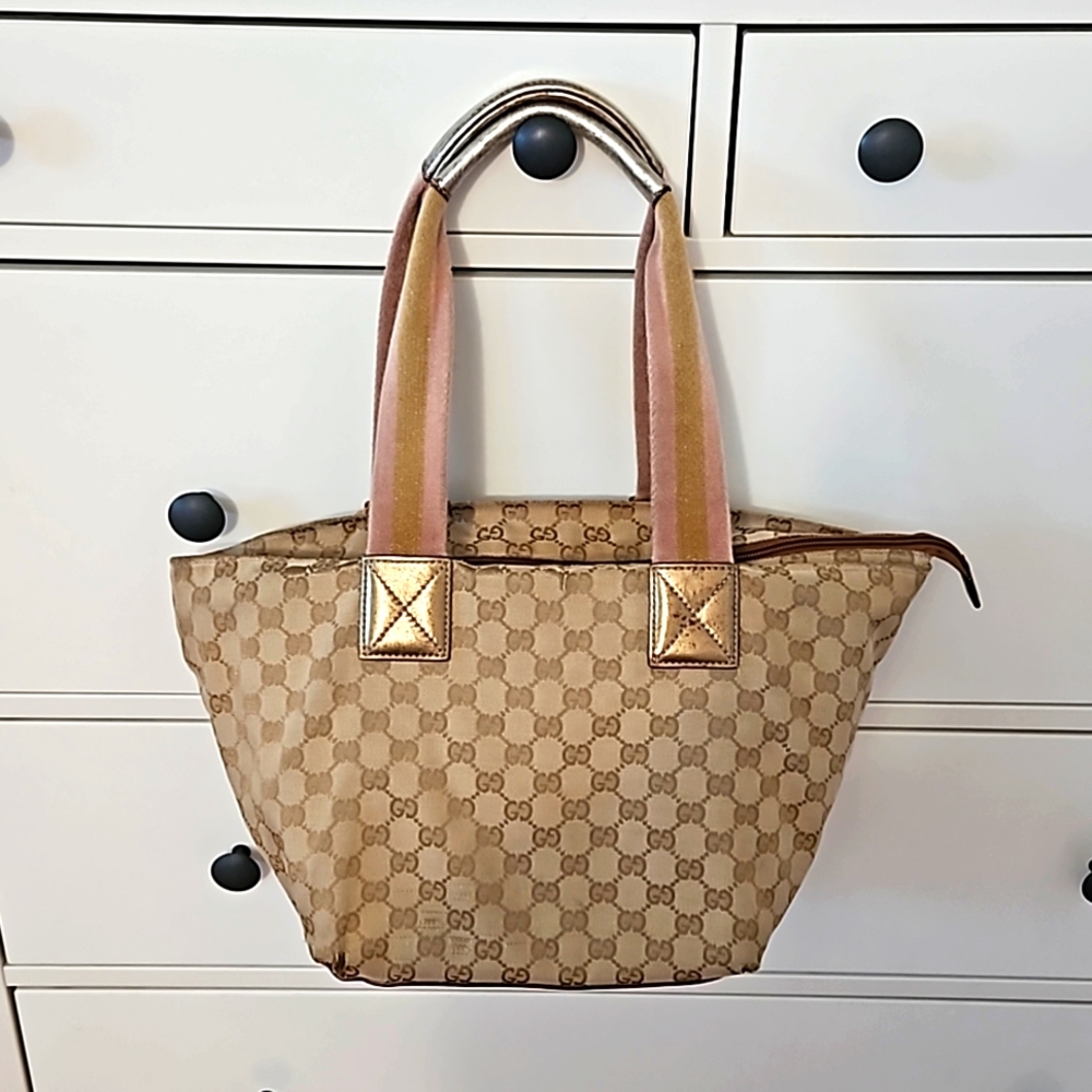 Gucci Tote Sherry Line Pink/Tan Webbing - Picture 2 of 10